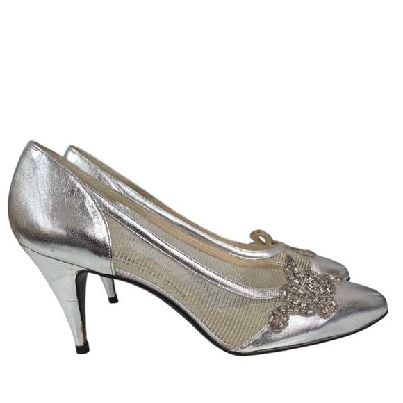 VTG NEW 80s Stuart Weitzman for Bianca Las Vegas Silver Mesh Pumps Sz 7.5AA - Picture 3 of 7